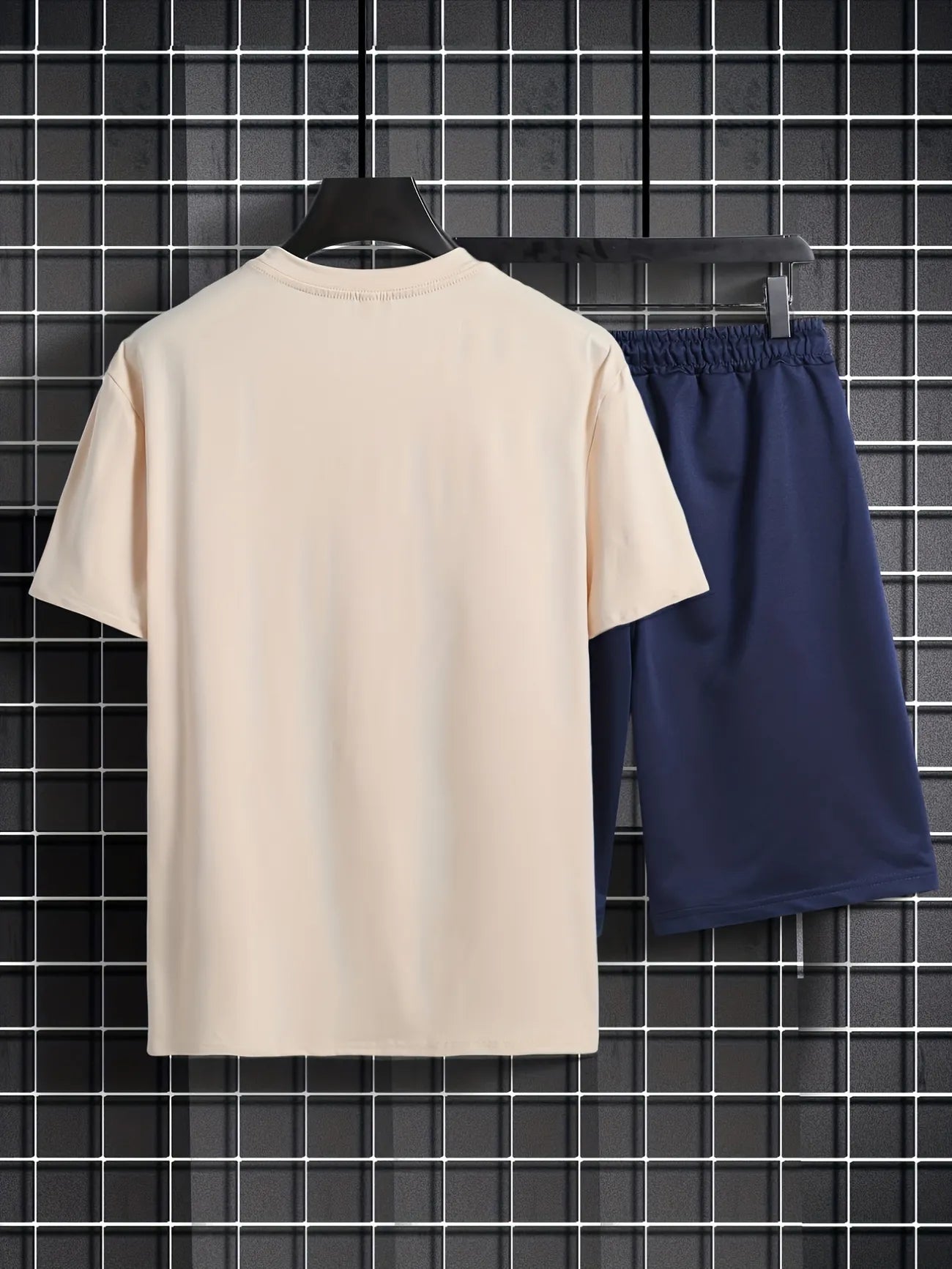 Mens Shorts and T-Shirt Summer Cotton Set - MMSS87 - Cream Navy Blue