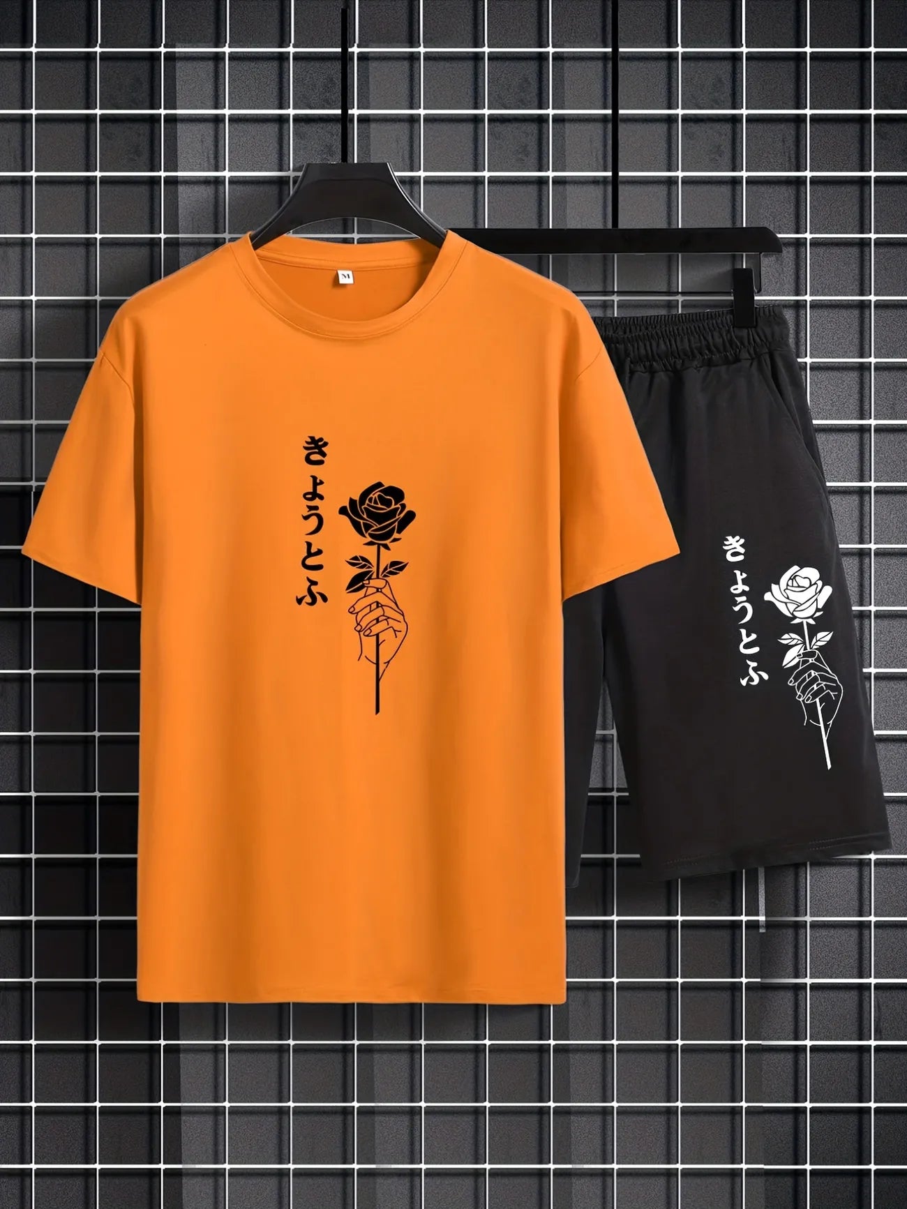 Mens Shorts and T-Shirt Summer Cotton Set - MMSS76 - Orange Black