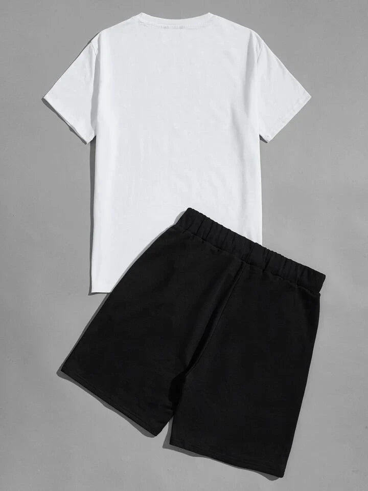 Mens Shorts and T-Shirt Summer Cotton Set - MMSS72 - White Black