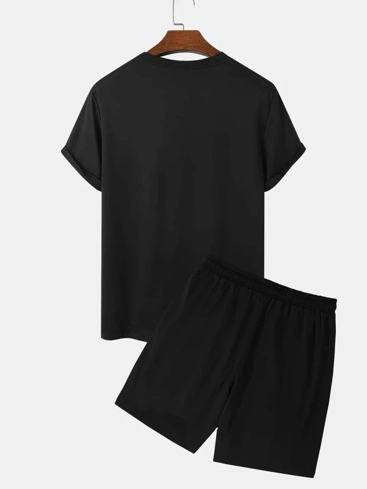 Mens Shorts and T-Shirt Summer Cotton Set - MMSS48 - Black Black