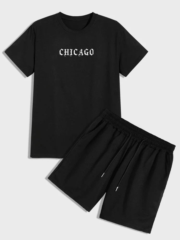 Mens Shorts and T-Shirt Summer Cotton Set - MMSS68 - Black Black