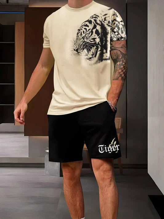 Mens Shorts and T-Shirt Summer Cotton Set - MMSS50 - Cream Black