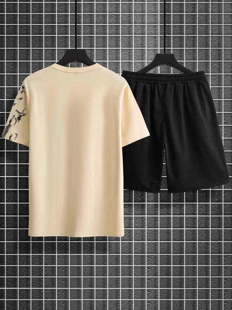 Mens Shorts and T-Shirt Summer Cotton Set - MMSS50 - Cream Black