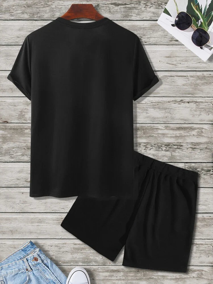 Mens Shorts and T-Shirt Summer Cotton Set - MMSS65 - Black Black