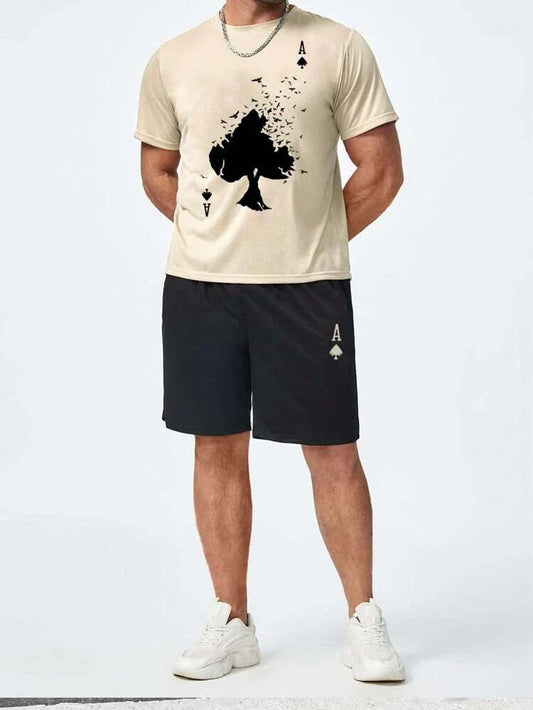 Mens Shorts and T-Shirt Summer Cotton Set - MMSS52 - Cream Black