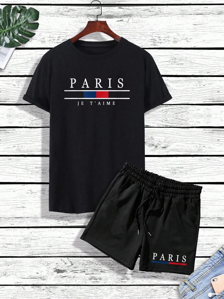 Mens Shorts and T-Shirt Summer Cotton Set - MMSS71 - Black Black