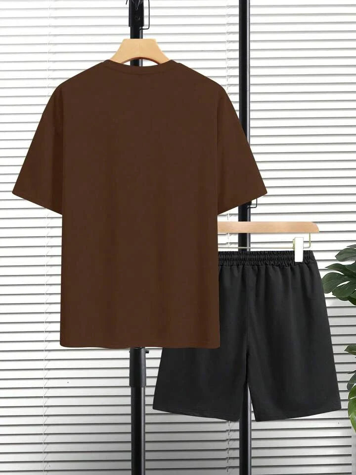 Mens Shorts and T-Shirt Summer Cotton Set - MMSS75 - Brown Black