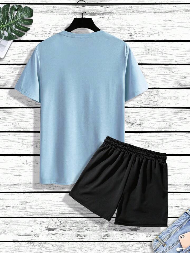 Mens Shorts and T-Shirt Summer Cotton Set - MMSS71 - Light Blue Black