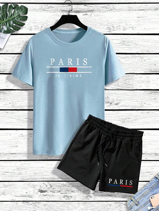 Mens Shorts and T-Shirt Summer Cotton Set - MMSS71 - Light Blue Black