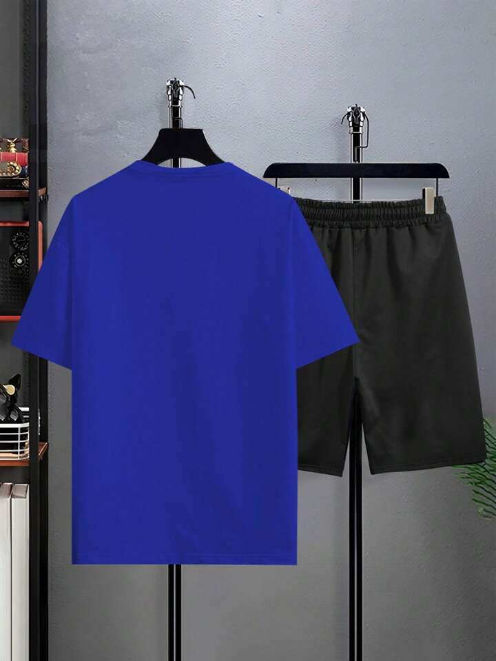 Mens Shorts and T-Shirt Summer Cotton Set - MMSS75 - Royal Blue Black