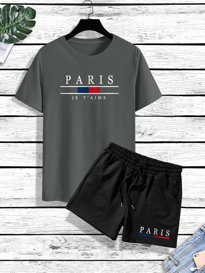 Mens Shorts and T-Shirt Summer Cotton Set - MMSS71 - Charcoal Black