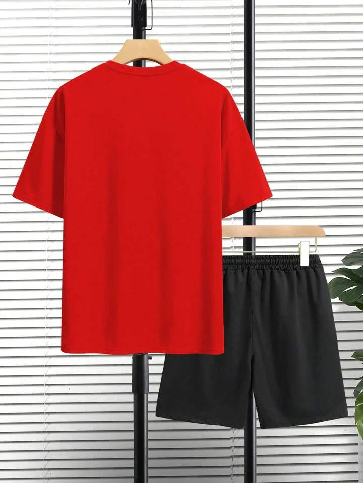 Mens Shorts and T-Shirt Summer Cotton Set - MMSS75 - Red Black