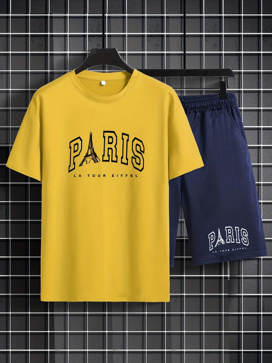 Mens Shorts and T-Shirt Summer Cotton Set - MMSS86 - Yellow Navy Blue