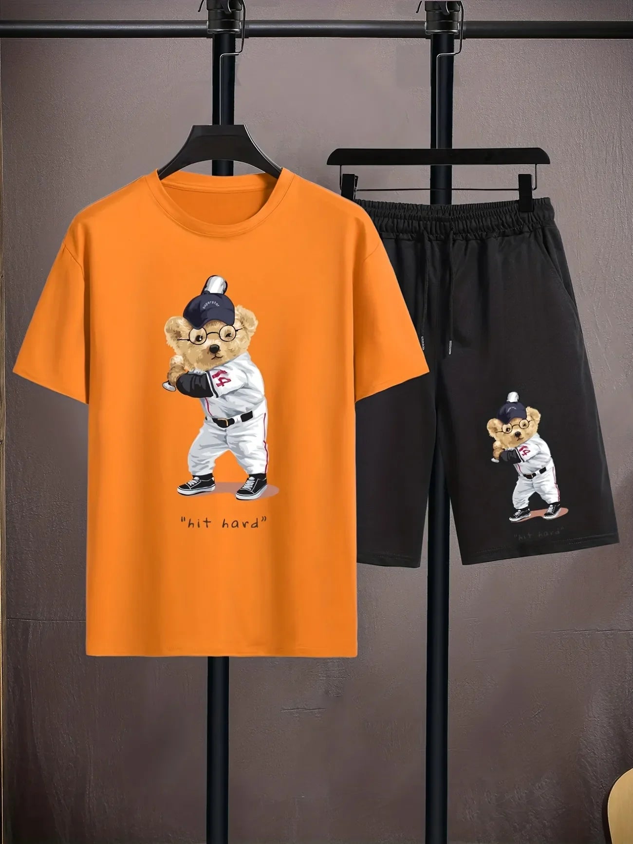 Mens Shorts and T-Shirt Summer Cotton Set - MMSS79 - Orange Black