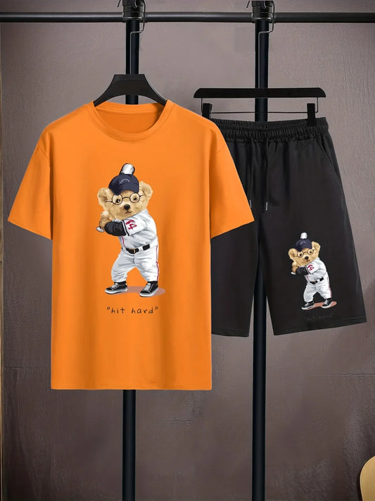 Mens Shorts and T-Shirt Summer Cotton Set - MMSS79 - Orange Black