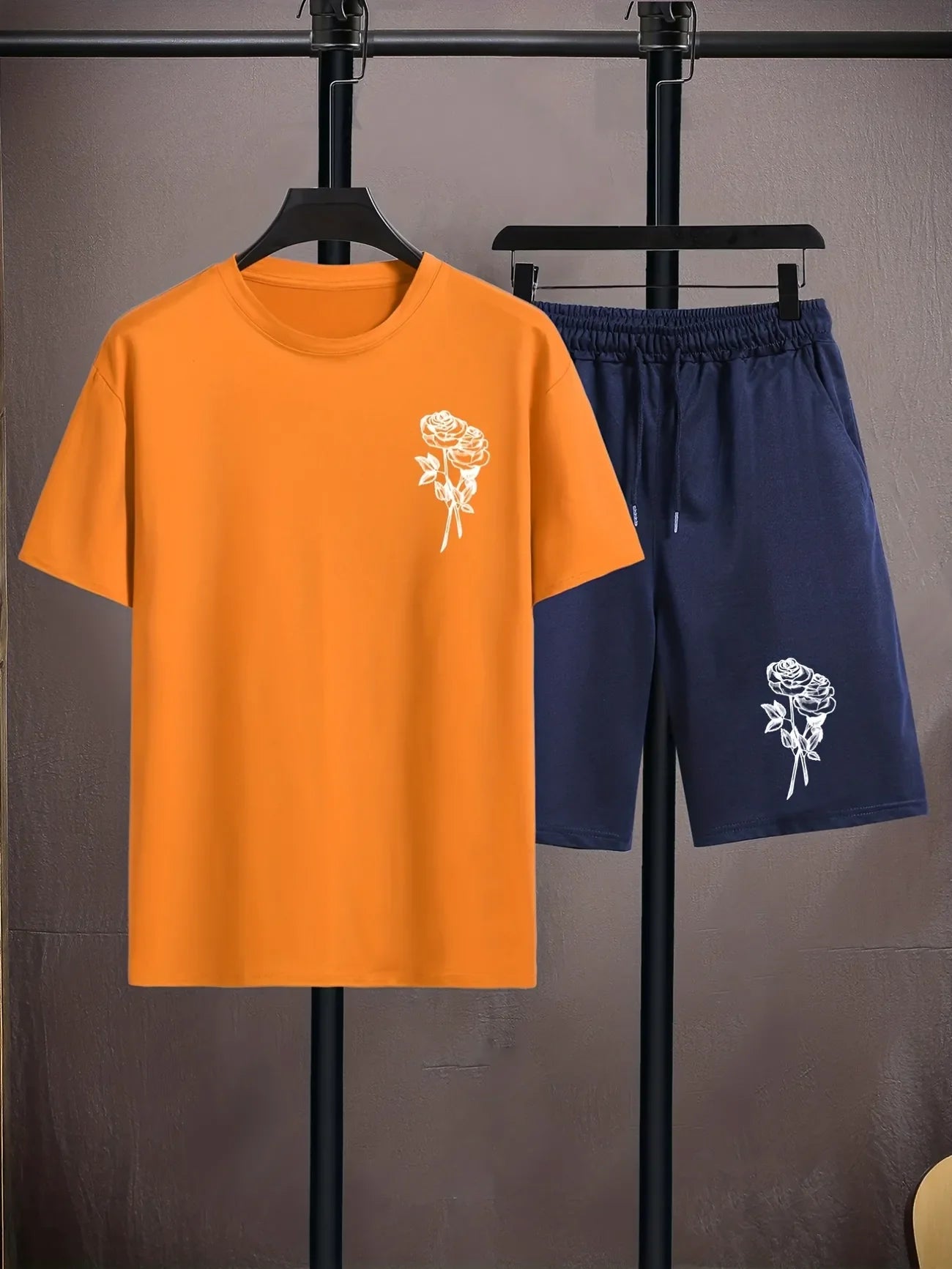 Mens Shorts and T-Shirt Summer Cotton Set - MMSS80 - Orange Navy Blue