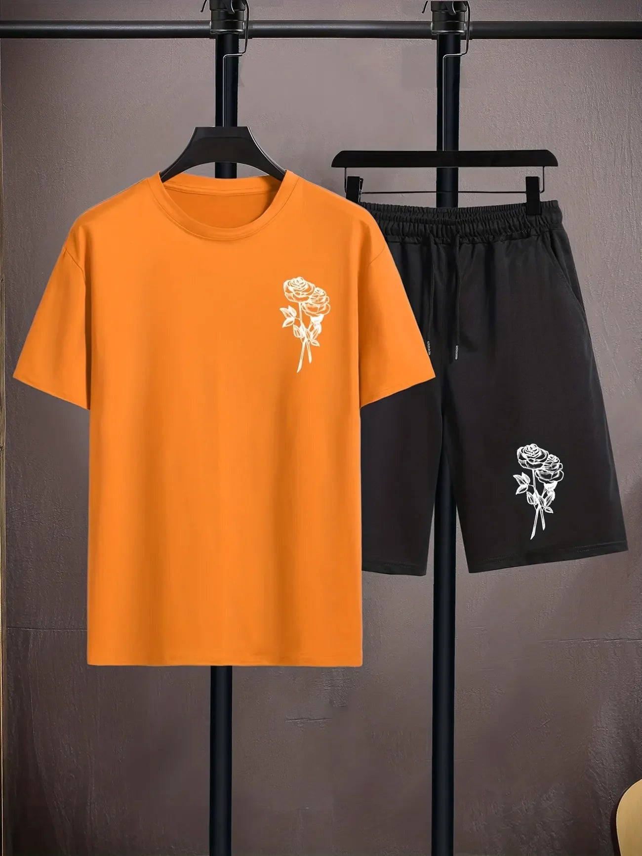 Mens Shorts and T-Shirt Summer Cotton Set - MMSS80 - Orange Black