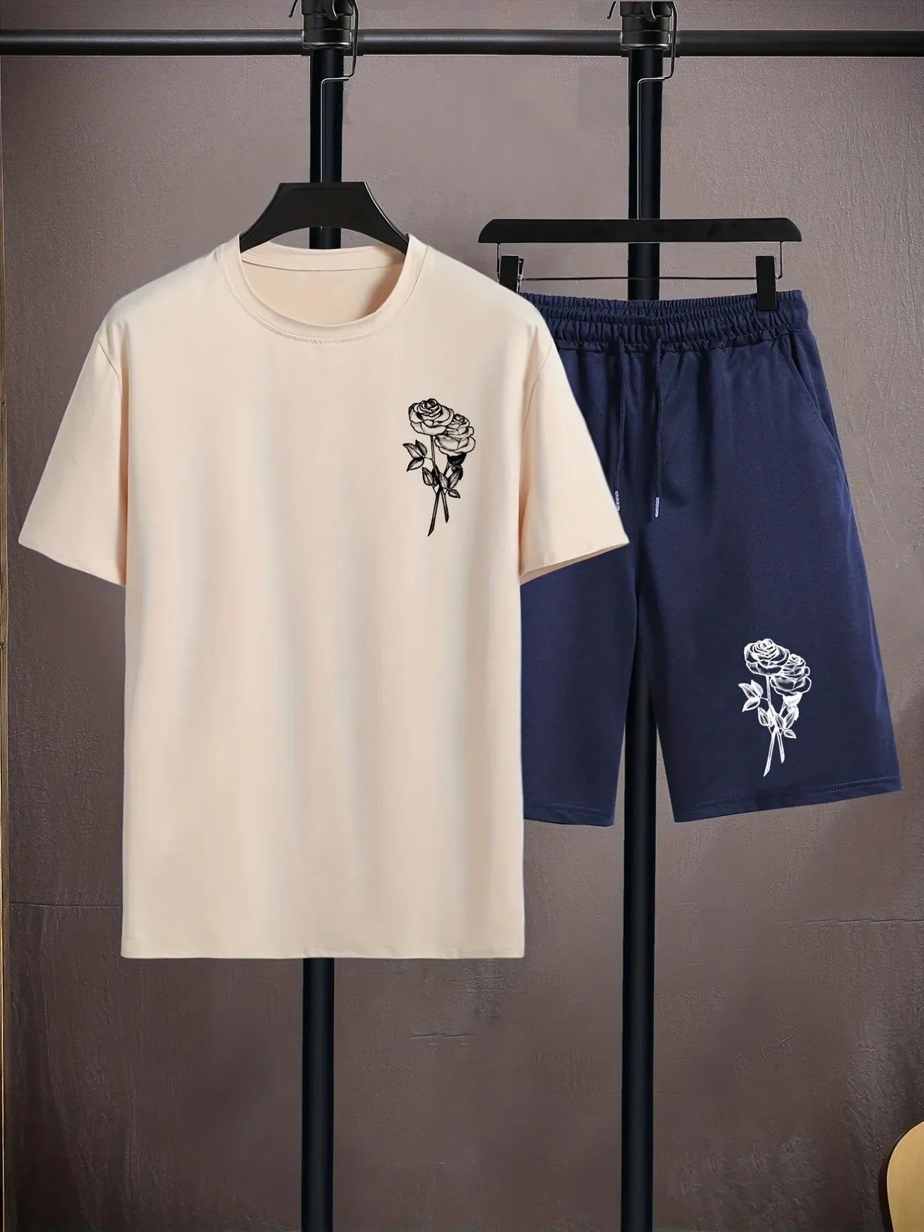 Mens Shorts and T-Shirt Summer Cotton Set - MMSS80 - Cream Navy Blue