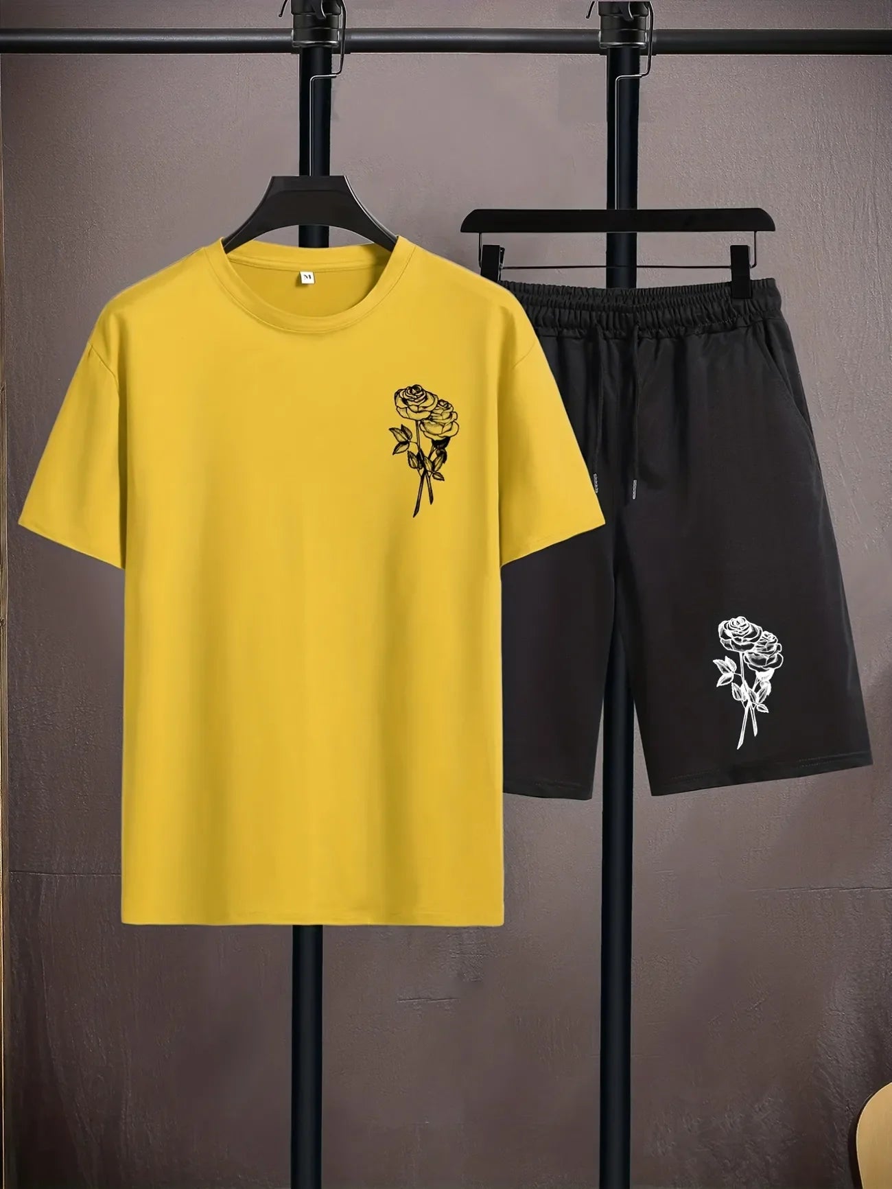 Mens Shorts and T-Shirt Summer Cotton Set - MMSS80 - Yellow Black