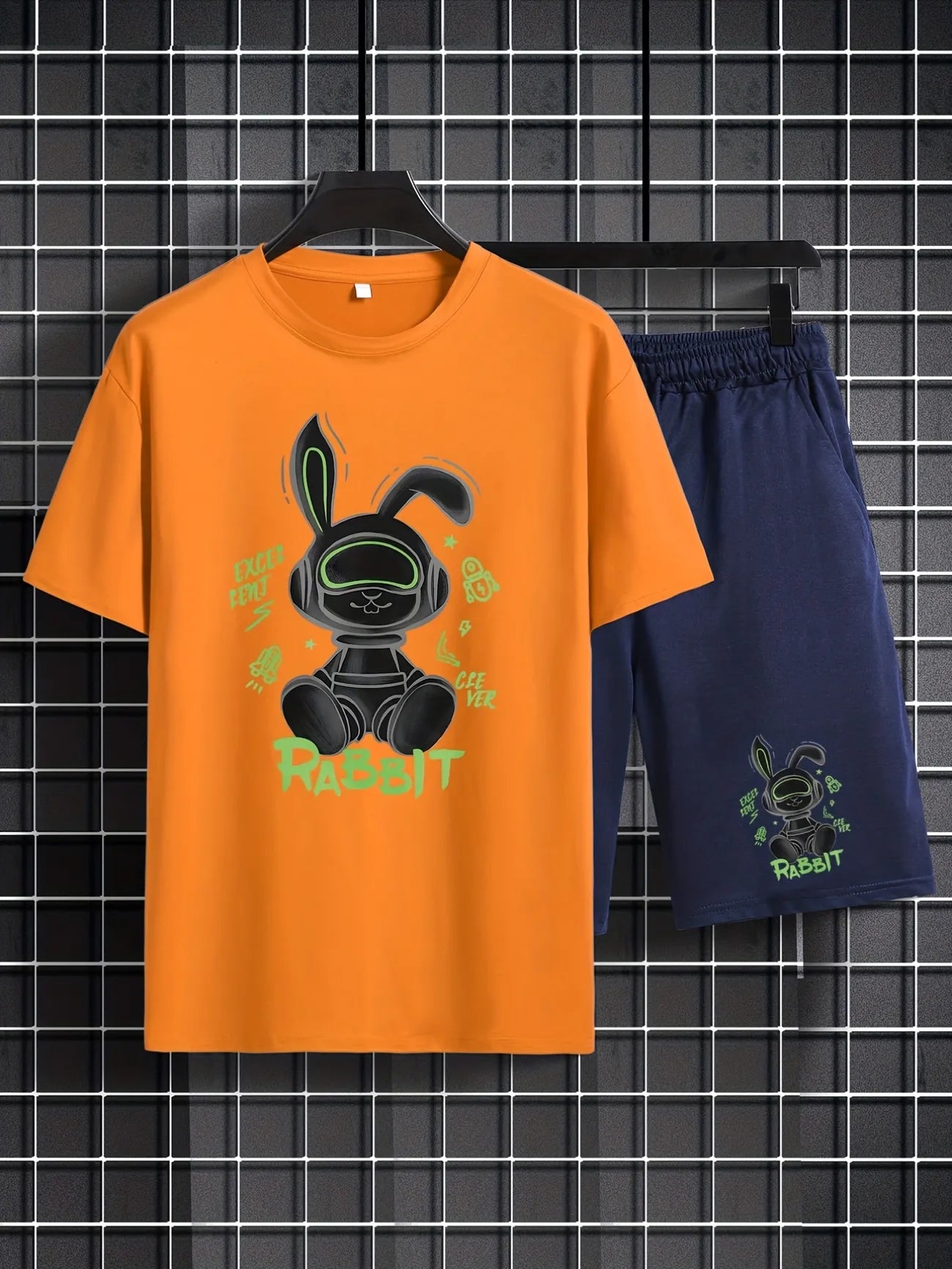 Mens Shorts and T-Shirt Summer Cotton Set - MMSS89 - Orange Navy Blue