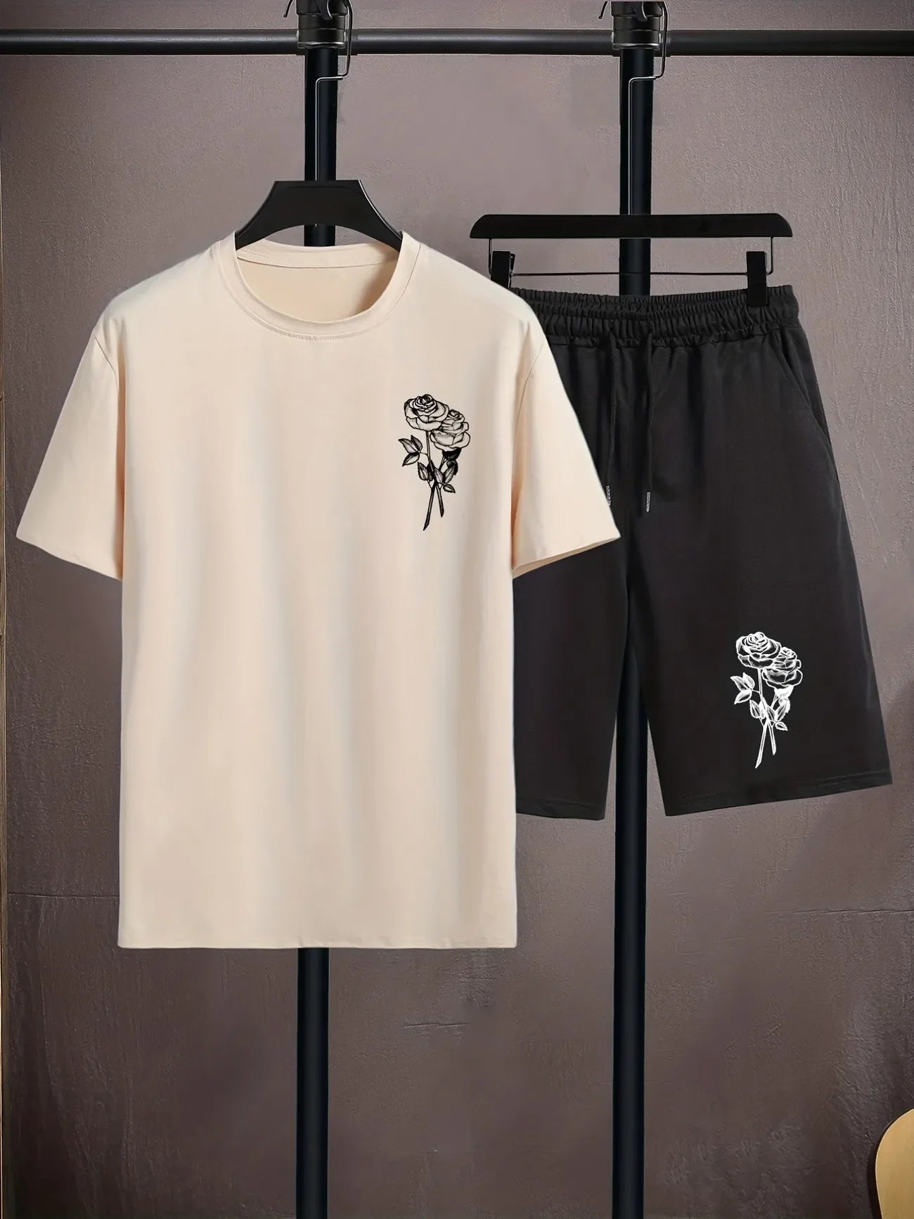 Mens Shorts and T-Shirt Summer Cotton Set - MMSS80 - Cream Black