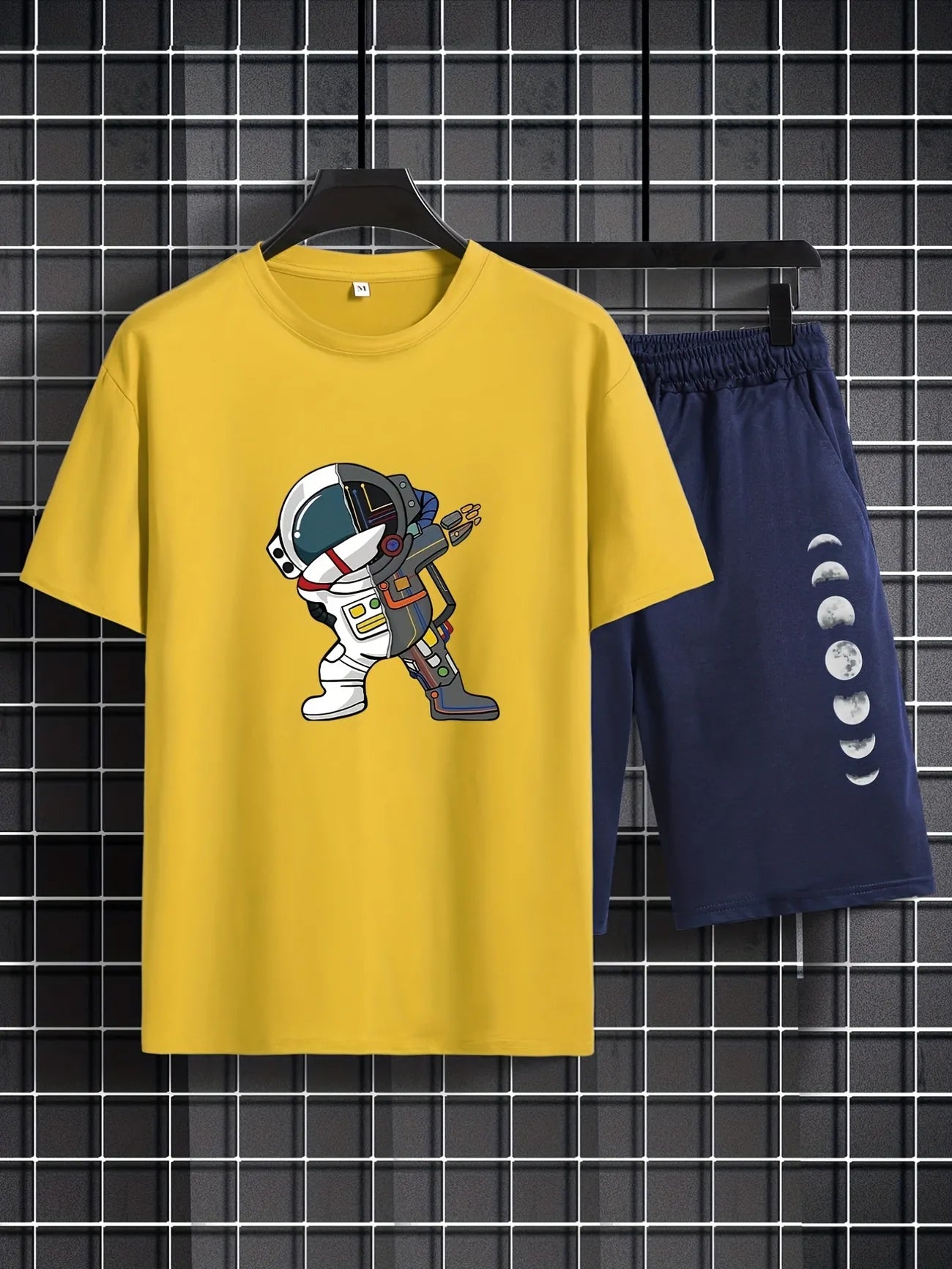 Mens Shorts and T-Shirt Summer Cotton Set - MMSS81 - Yellow Navy Blue