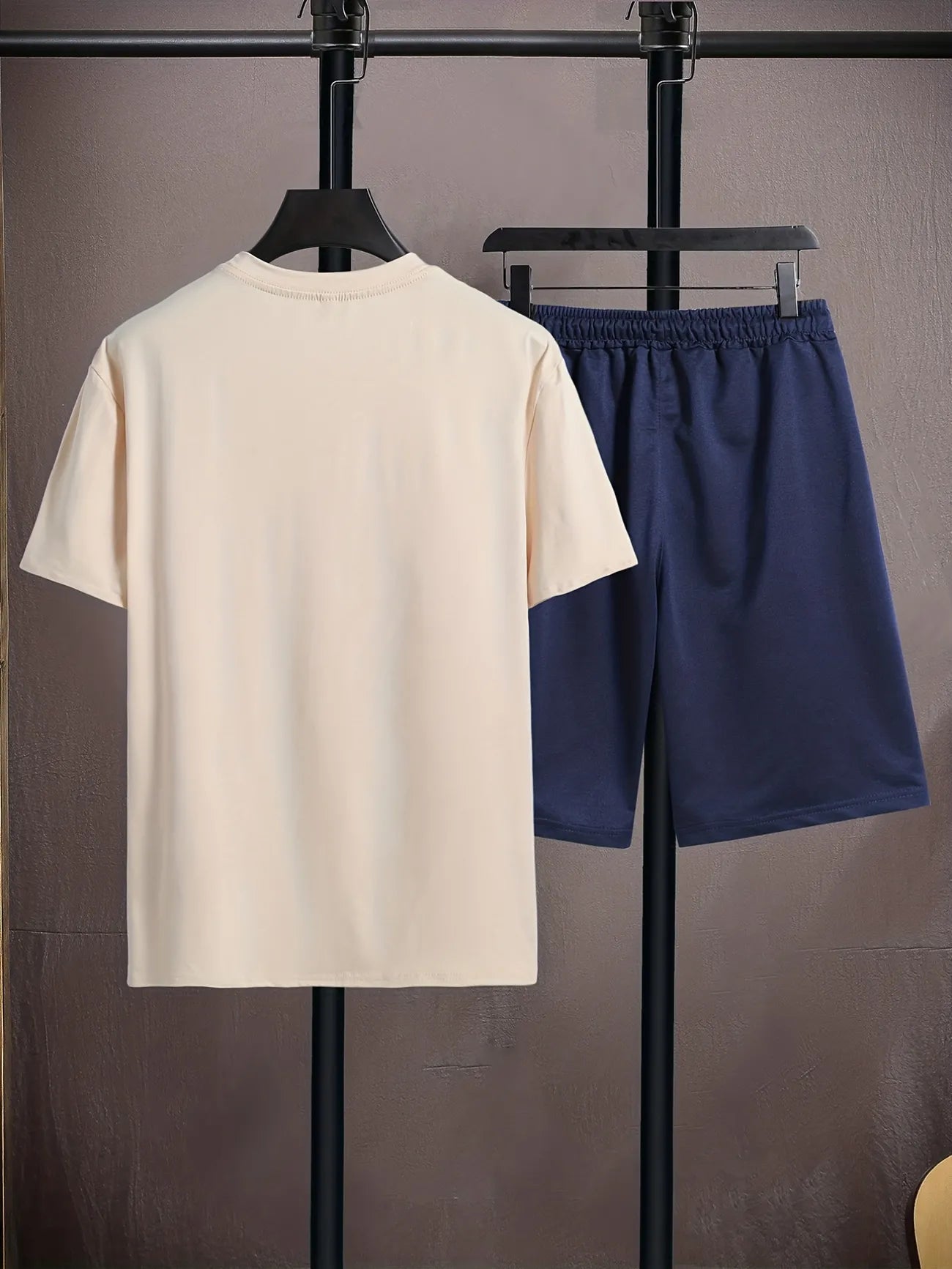 Mens Shorts and T-Shirt Summer Cotton Set - MMSS85 - Cream Navy Blue