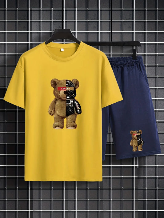 Mens Shorts and T-Shirt Summer Cotton Set - MMSS87 - Yellow Navy Blue