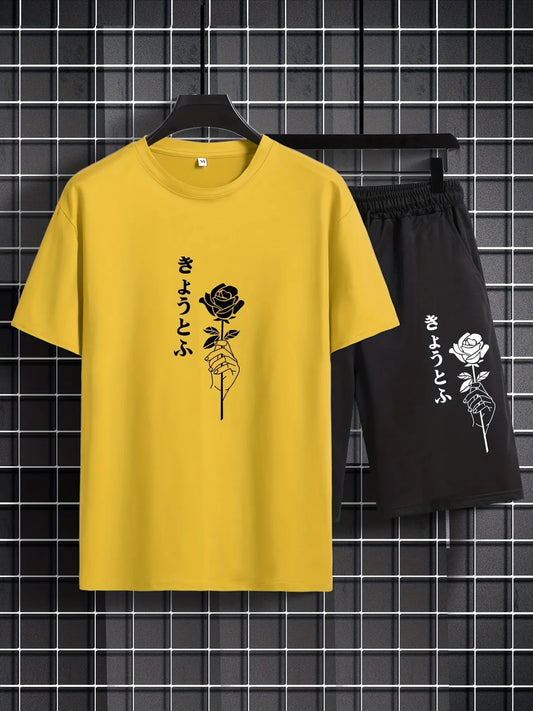 Mens Shorts and T-Shirt Summer Cotton Set - MMSS76 - Yellow Black