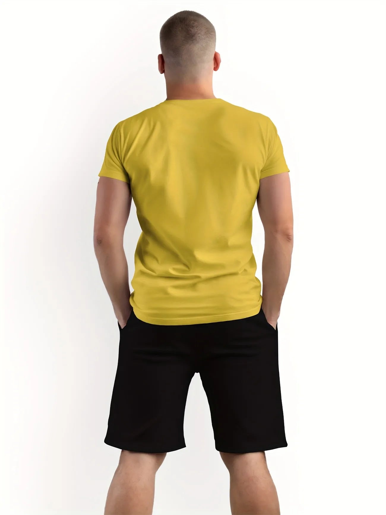 Mens Shorts and T-Shirt Summer Cotton Set - MMSS83 - Yellow Black