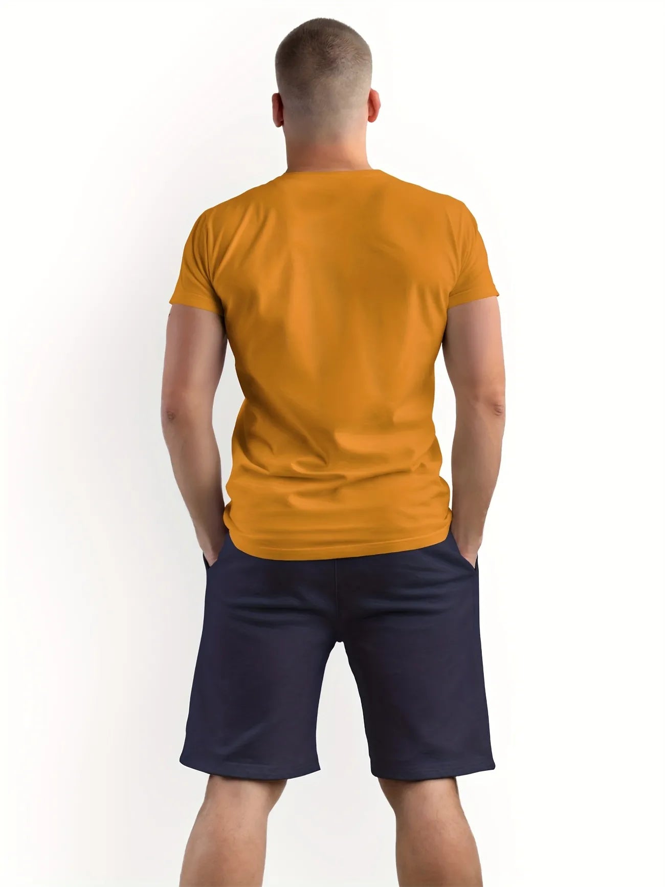 Mens Shorts and T-Shirt Summer Cotton Set - MMSS83 - Orange Navy Blue