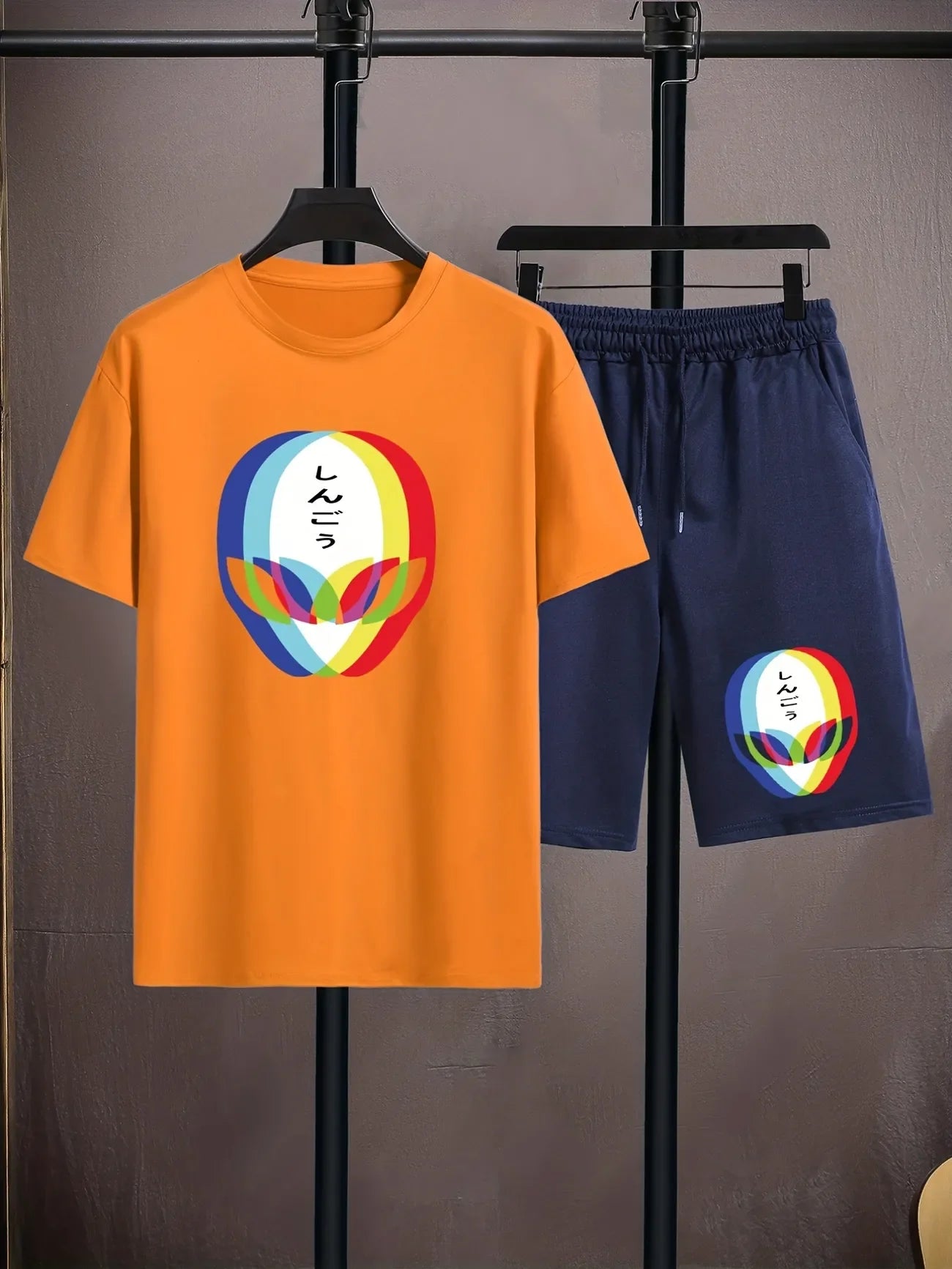 Mens Shorts and T-Shirt Summer Cotton Set - MMSS85 - Orange Navy Blue