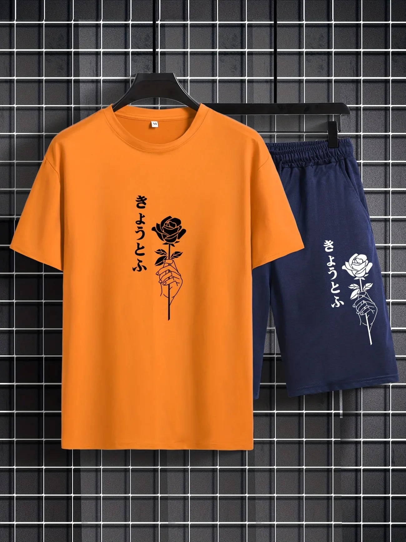 Mens Shorts and T-Shirt Summer Cotton Set - MMSS76 - Orange Navy Blue