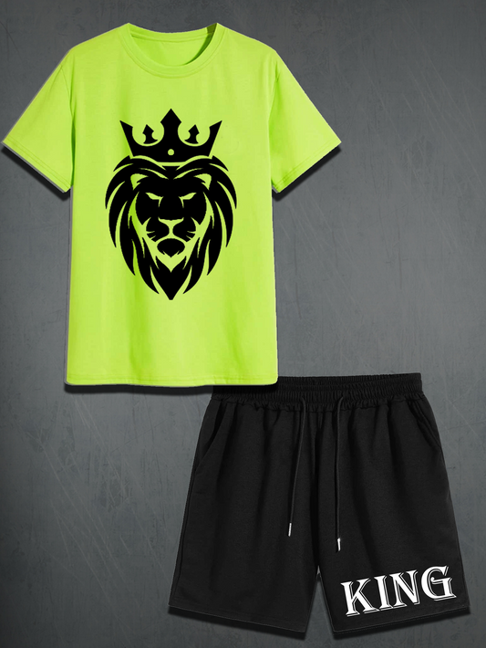 Mens Shorts and T-Shirt Summer Cotton Set - MMSS47 - Lime Green Black