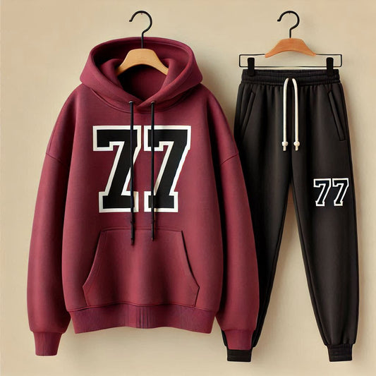 Winter Printed Hoodie and Pants Co Ord Set MIRWHPSST21 - Maroon Black