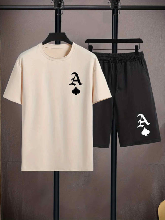 Mens Shorts and T-Shirt Summer Cotton Set - MMSS77 - Cream Black