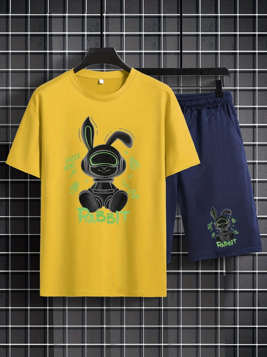 Mens Shorts and T-Shirt Summer Cotton Set - MMSS89 - Yellow Navy Blue