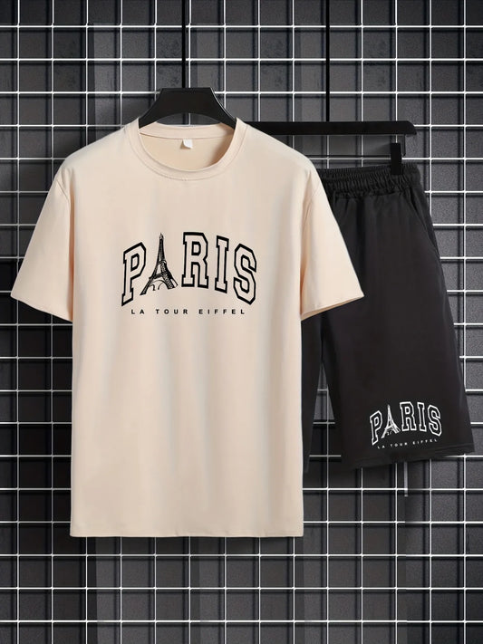 Mens Shorts and T-Shirt Summer Cotton Set - MMSS86 - Cream Black