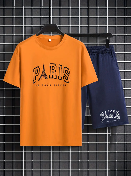 Mens Shorts and T-Shirt Summer Cotton Set - MMSS86 - Orange Navy Blue