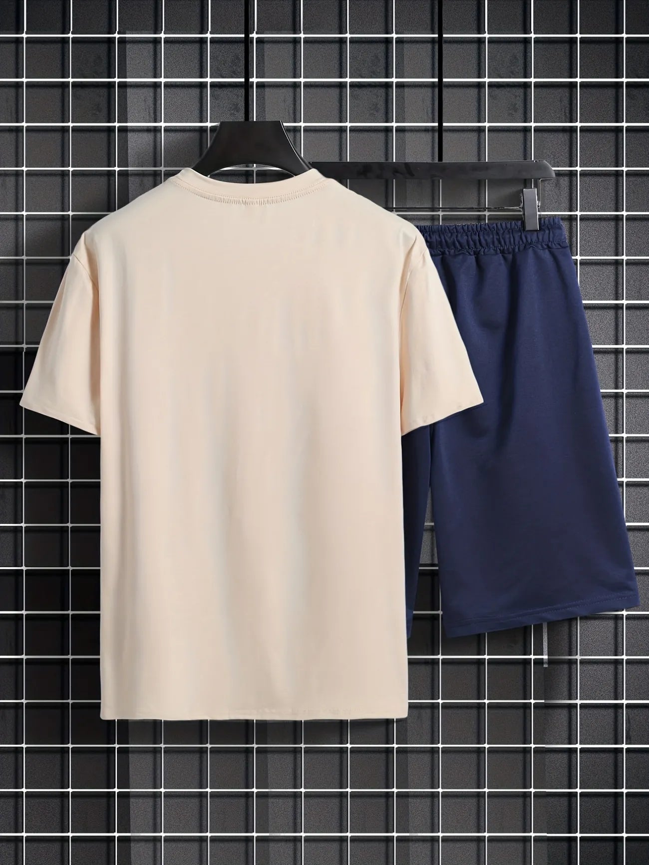 Mens Shorts and T-Shirt Summer Cotton Set - MMSS76 - Cream Navy Blue