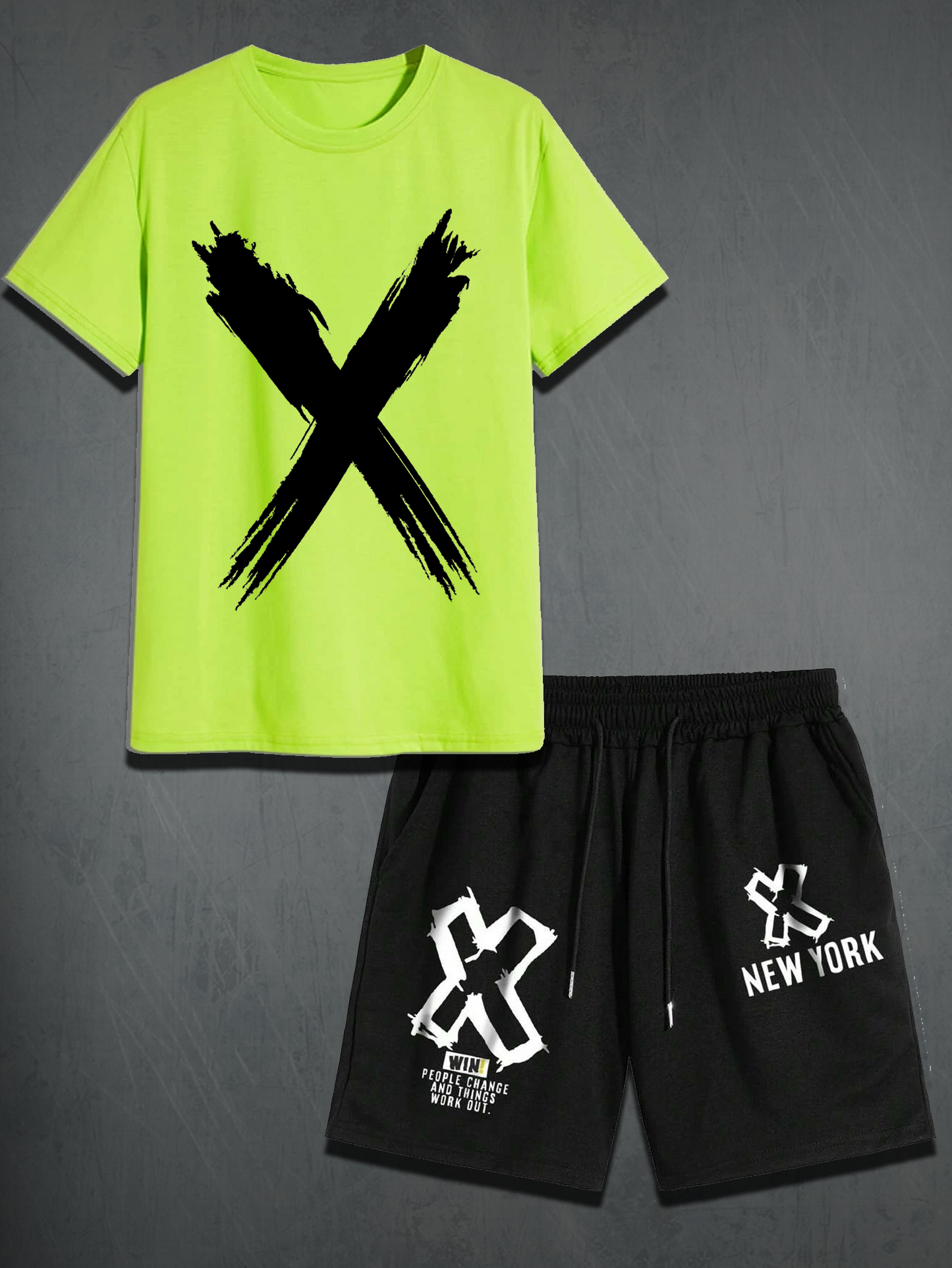 Mens Shorts and T-Shirt Summer Cotton Set - MMSS43 - Lime Green Black