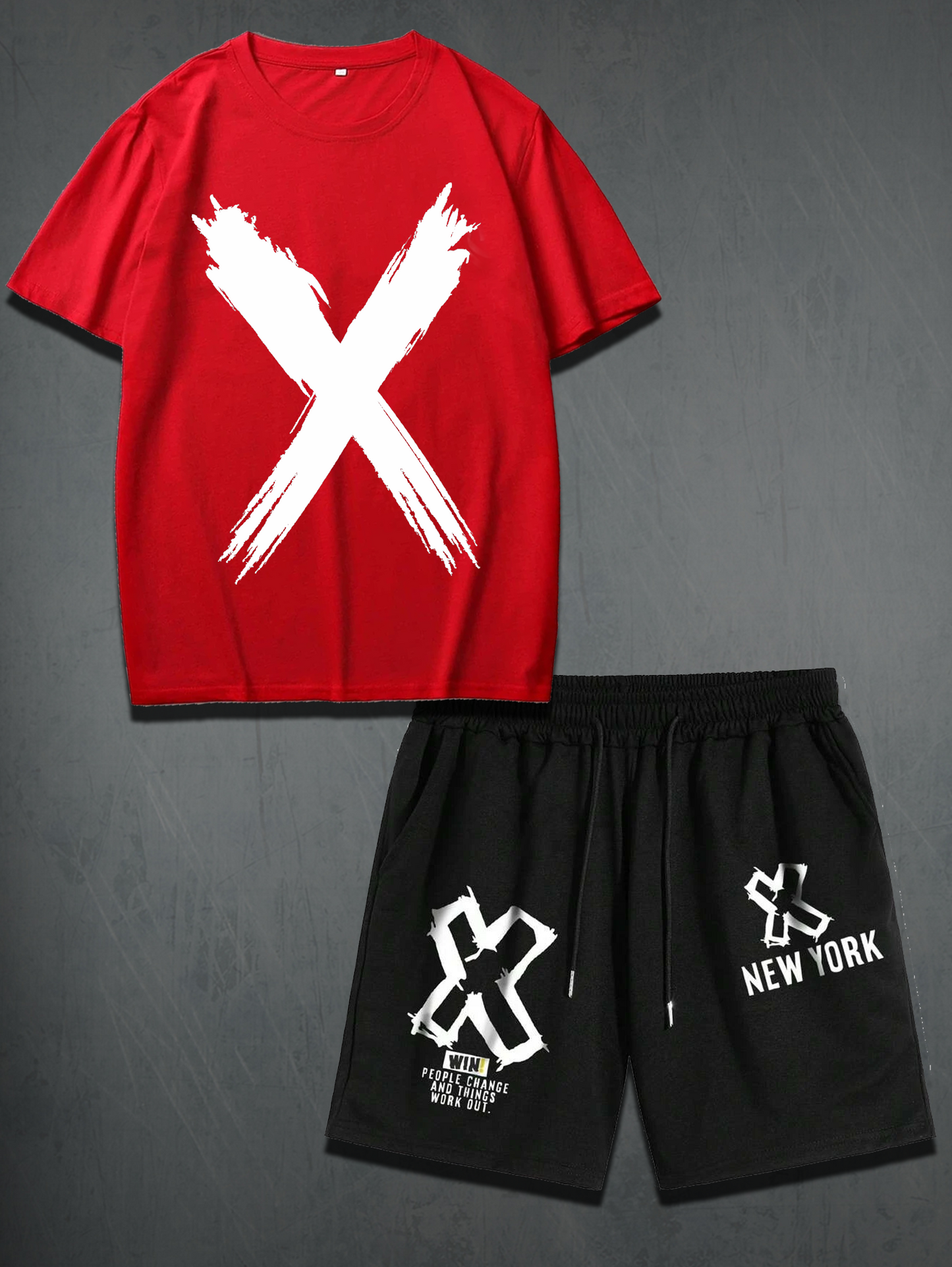 Mens Shorts and T-Shirt Summer Cotton Set - MMSS43 - Red Black