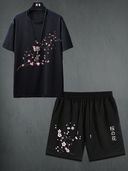 Mens Shorts and T-Shirt Summer Cotton Set - MMSS42 - Black Black