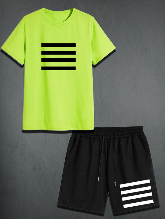 Mens Shorts and T-Shirt Summer Cotton Set - MMSS45 - Lime Green Black