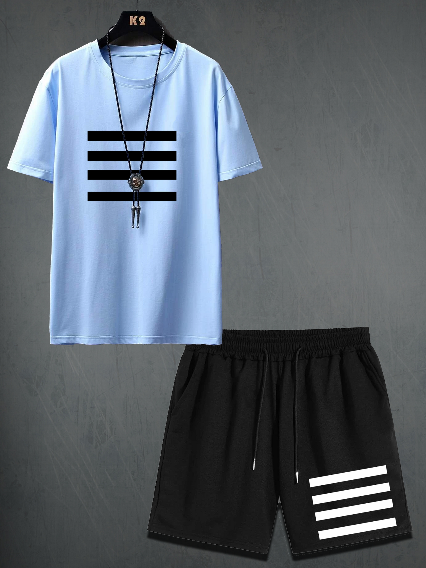 Mens Shorts and T-Shirt Summer Cotton Set - MMSS45 - Light Blue Black