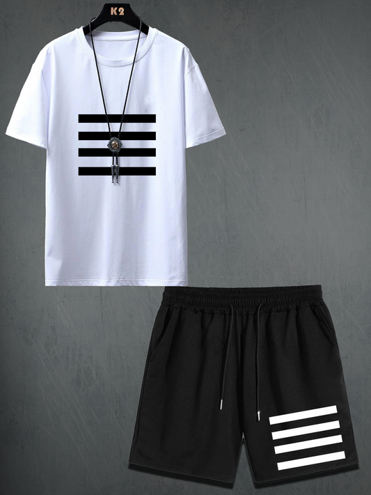 Mens Shorts and T-Shirt Summer Cotton Set - MMSS45 - White Black